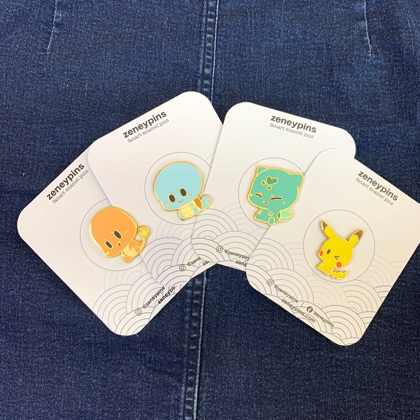 Gotta get them all! Pokemon generation 1 starters: Bulbasaur, Charmander, Pikachu and Squirtle chibi-style enamel pins, set of 4