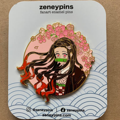 3" Demon Slayer Nezuko Kamado hard enamel pin, anime pin badge, features gold plating, screen printing, 3 rubber clutch, LE100 zeneypins