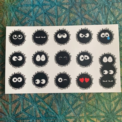 Ghibli Studios Soot Sprites emoji (somoji) fanart sticker sheet, set of 14 - zeneypins